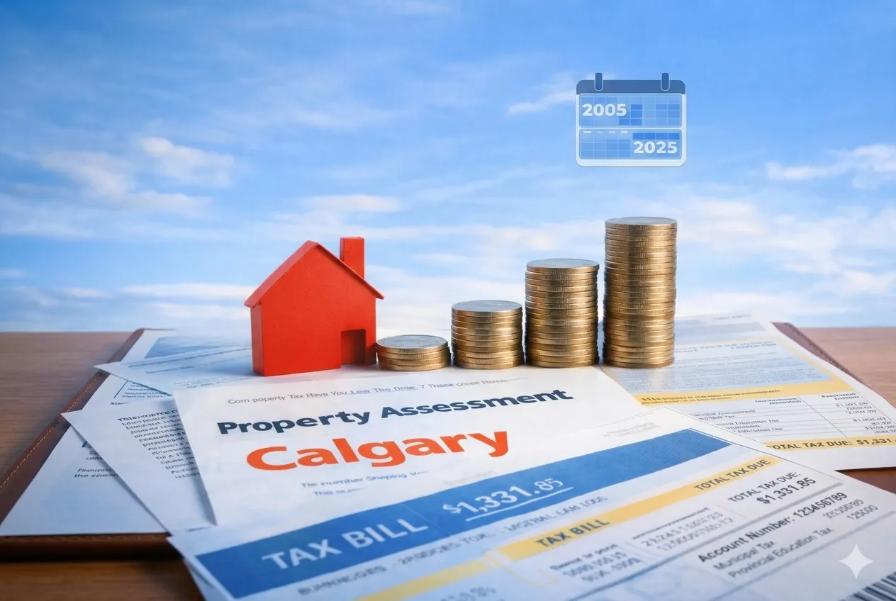 Calgary property tax over time with coins and house illustration
