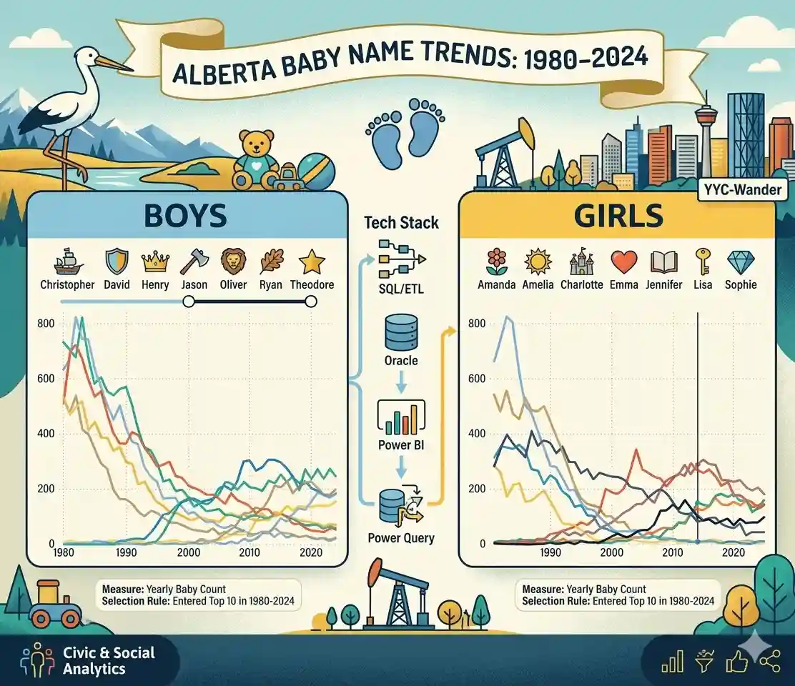 Trend analysis of Alberta's most popular baby names from 1980 to 2024